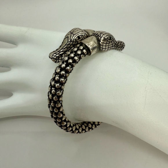 Jewelry - Vintage Silver-Tone Double Alligator Head Bracelet Bead Coil w Rhinestone Eyes